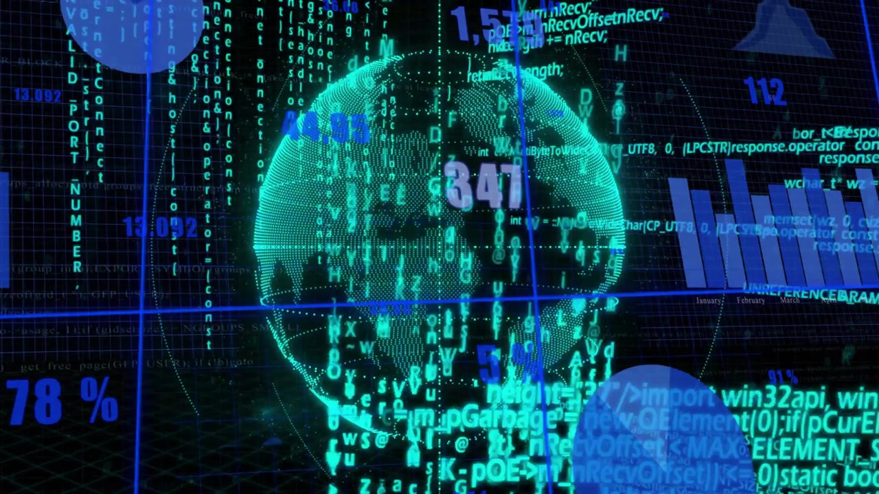 Emerging from code stream, digital globe rotating while charts updating to visualize global data