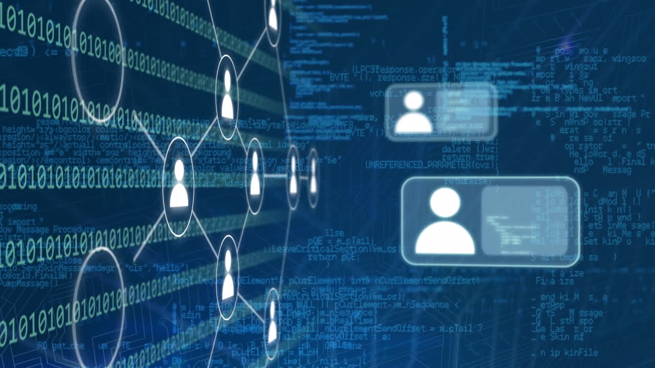 animación de la red de iconos de perfil, codificación binaria y procesamiento de datos contra fondo azul