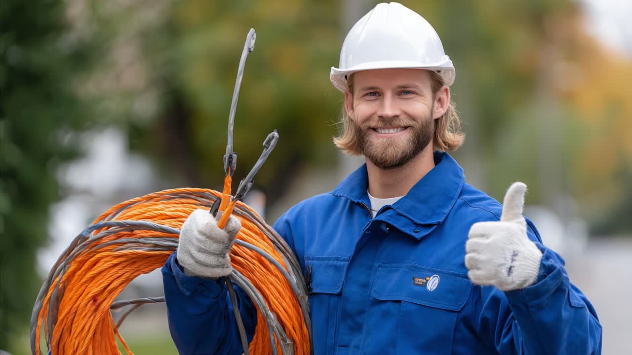 Motivated Worker Displaying Thumbs-Up Gesture with Coiled Electrical Cables in Hand, Showcasing Professionalism and Enthusiasm in a Beautiful Outdoor Setting