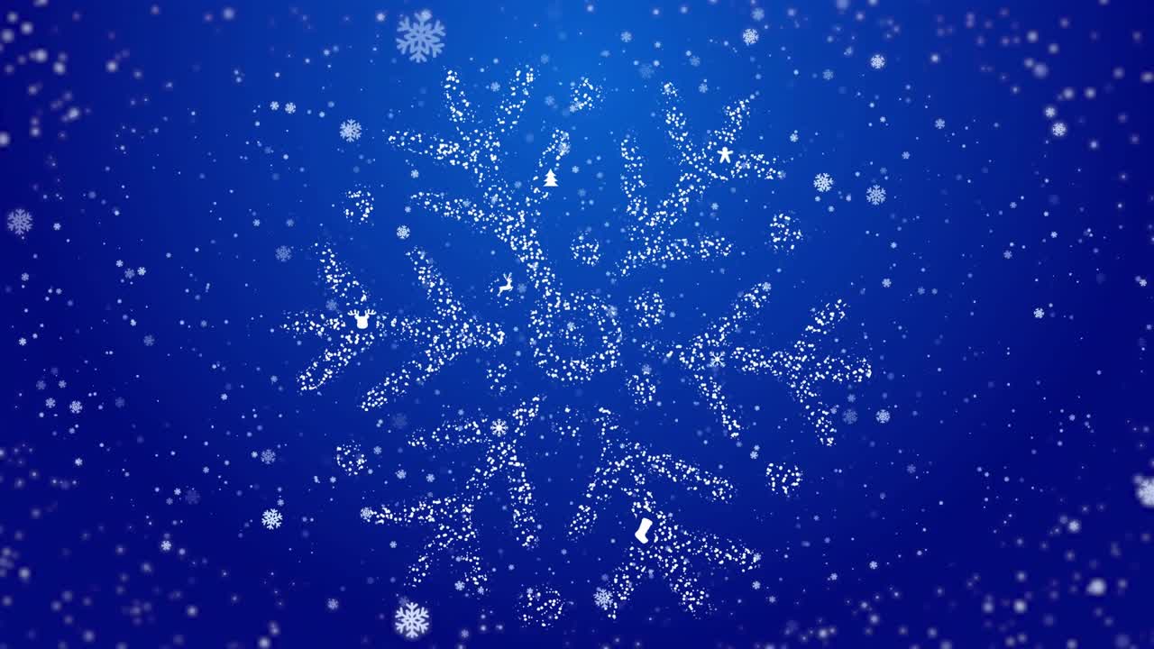 Tiny particles emerging at center forming snowflake while flakes falling for winter animation