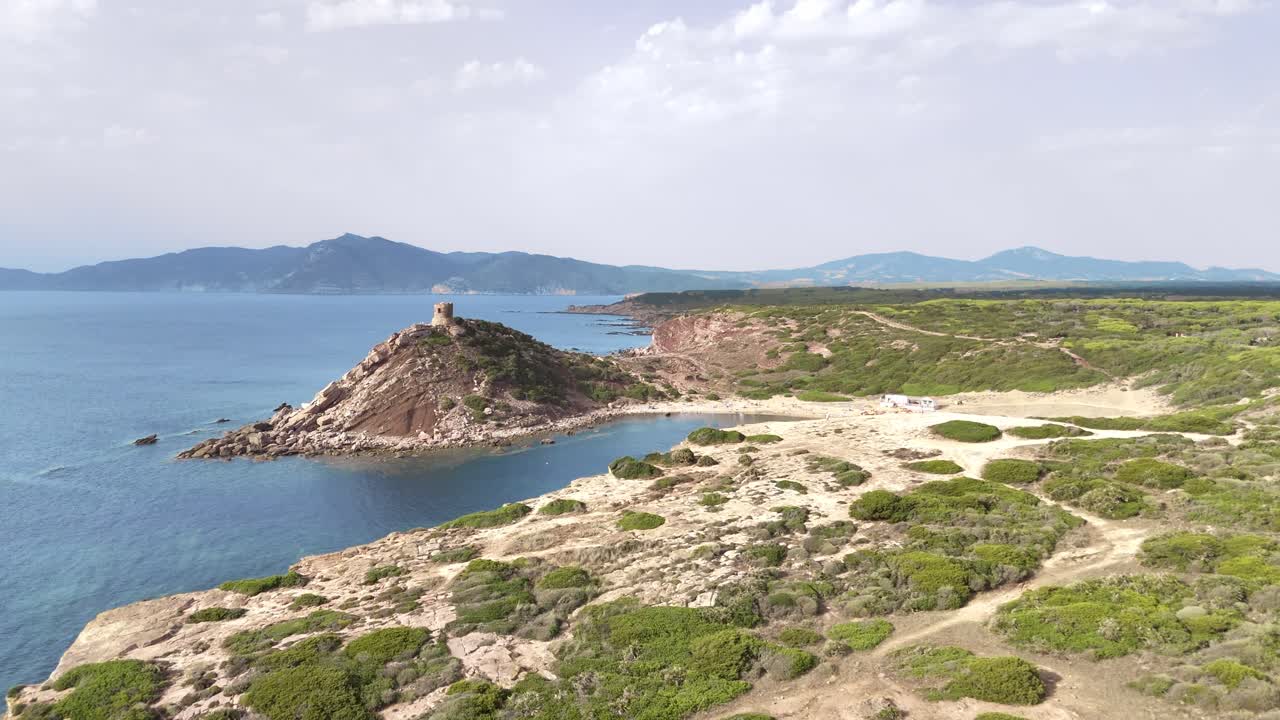 Ancient Watchtower Overlooking the Coast of Sardinia AERIAL