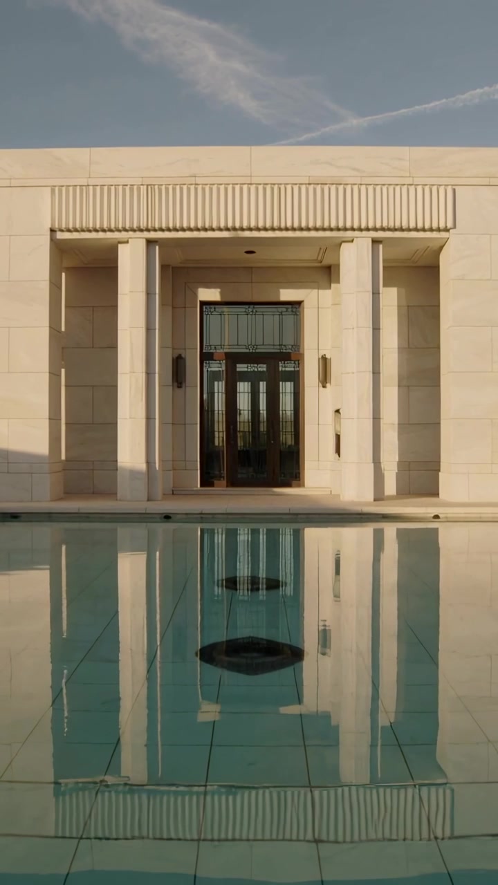 Vídeo vertical: Câmera em movimento revelando reflexo de entrada de pedra no pátio, mostrando ralo da piscina.