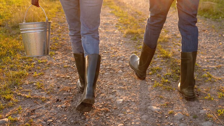Rear on African American farmers in boots walking in countryside outside with bucket on sunset or sunrise