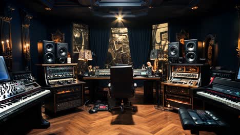 a modern music studio with vintage equipment and rich decorations at night