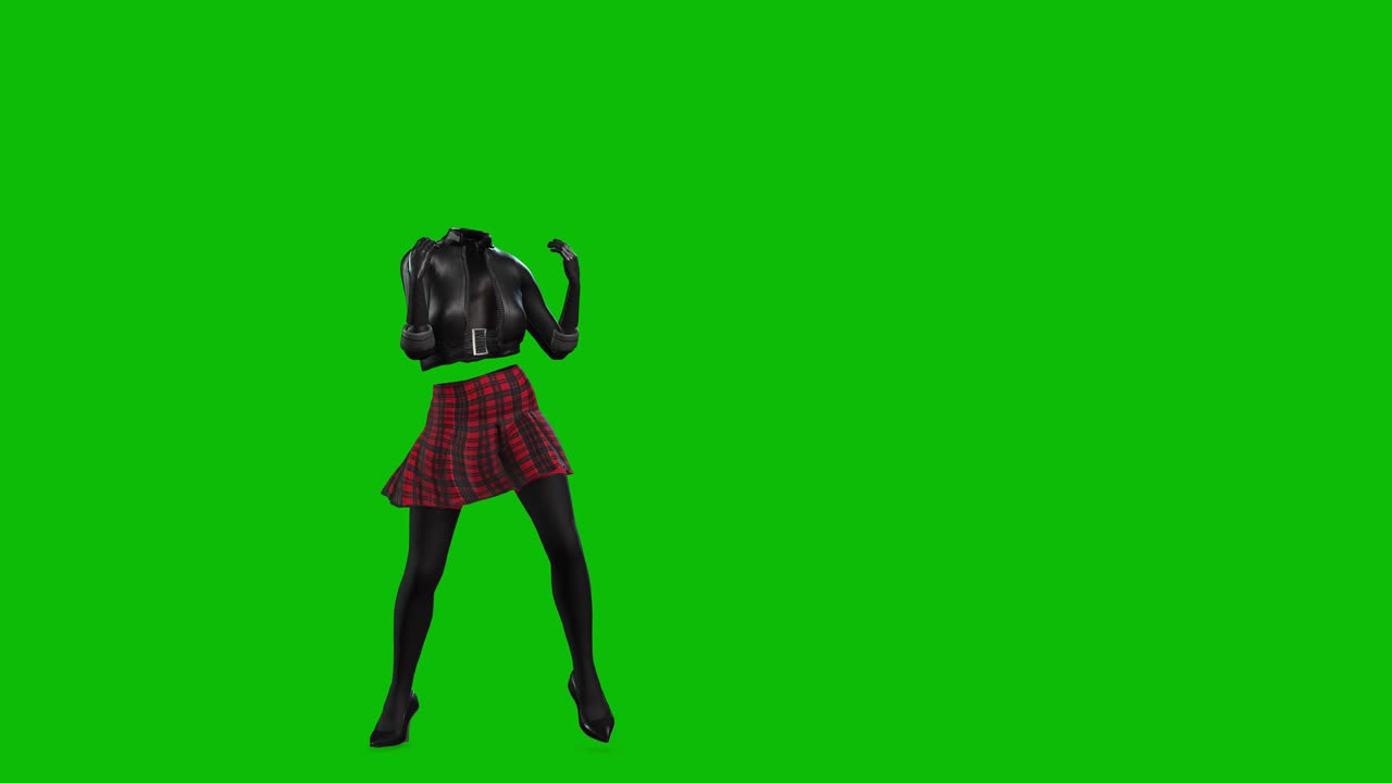 mujer invencible en 3d con chaqueta de cuero, falda corta y tacones altos, bailando en pantalla verde, animación en 3d