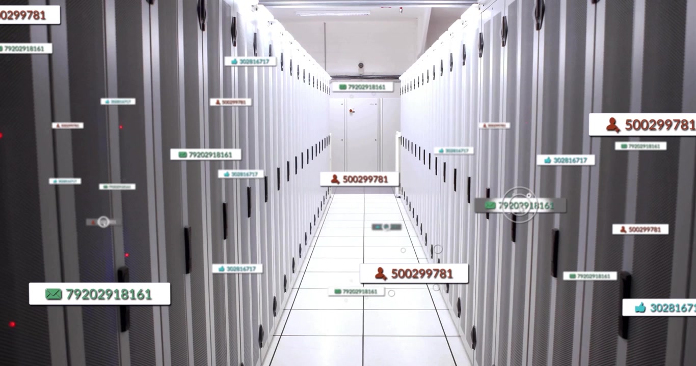 Server cabinets lining narrow corridor, LED lights casting glow, digital tags floating above racks