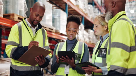 warehouse workers meeting and discussing logistics