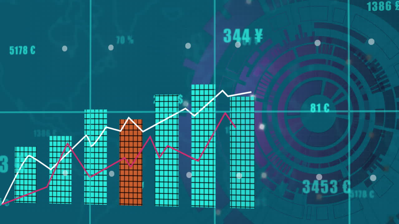 animación del escáner azul circular y procesamiento de datos en gráfico