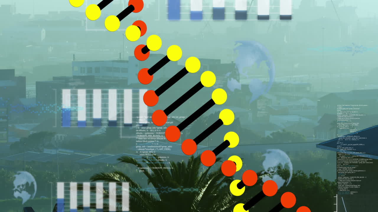 dna 스트랜드의 애니메이션과 도시 풍경에 대한 데이터 처리