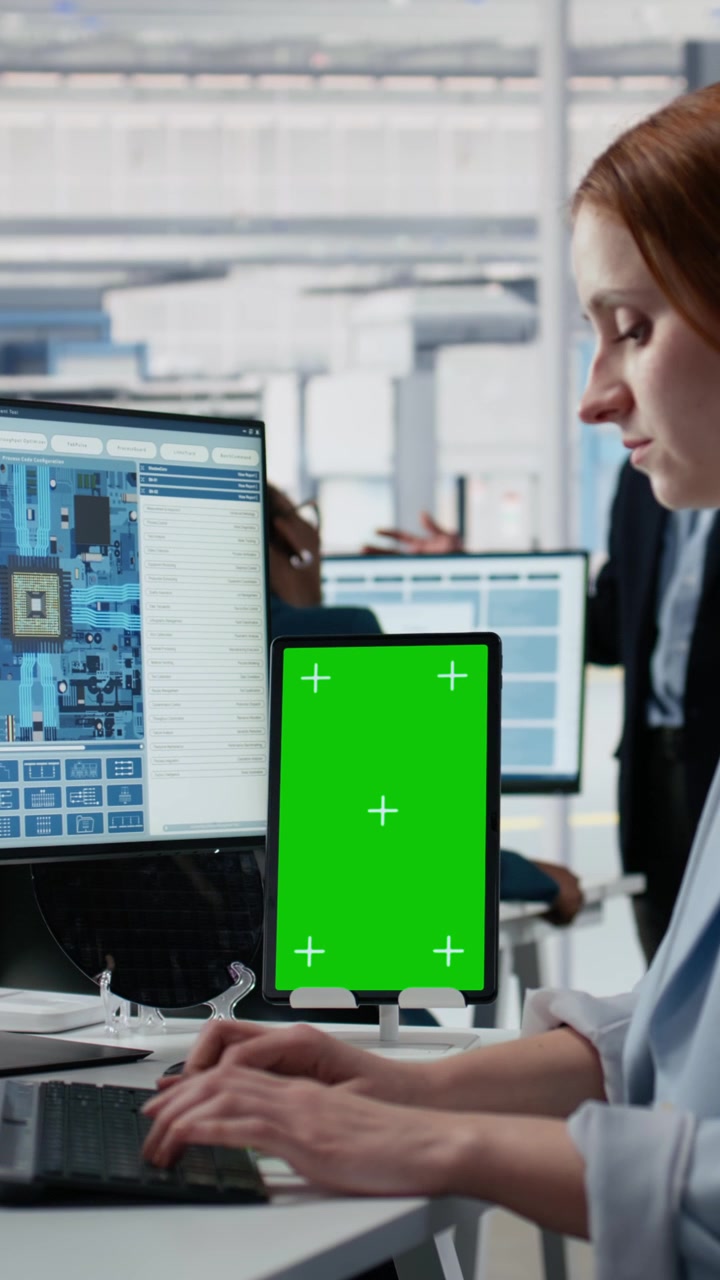 Video verticale: Mockup di tablet, una tecnica che esamina il layout del circuito di un microchip.