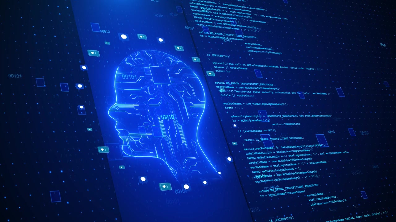 Ai digital head code glowing human profile circuit brain binary numbers social icons blue technology