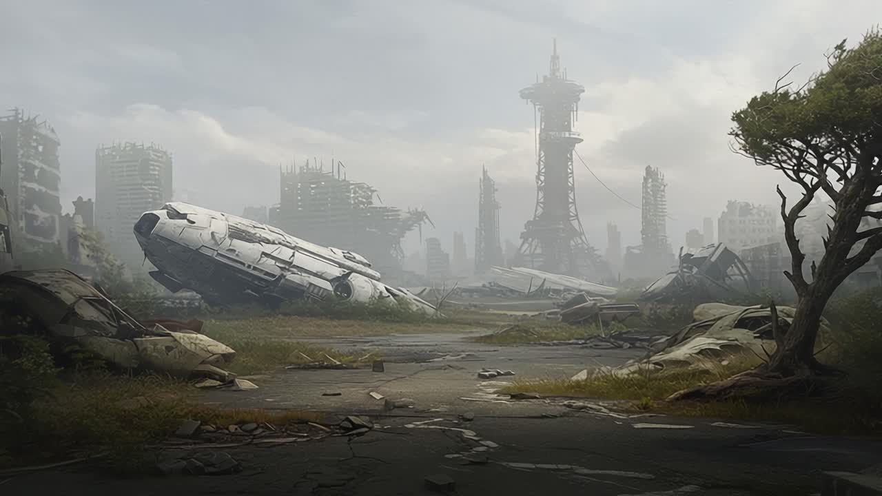 A Dystopian Landscape of Abandoned Structures and Overgrown Nature: Exploring the Ruins of a Forgotten Civilization with a Wrecked Spaceship