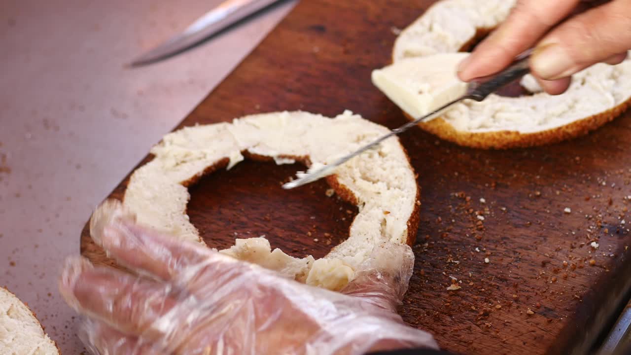 Preparing Turkish Simit Sandwiches