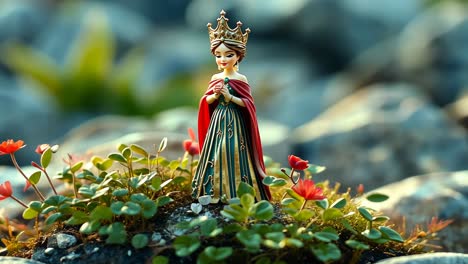 decorative figurine of a queen surrounded by small flowers in nature