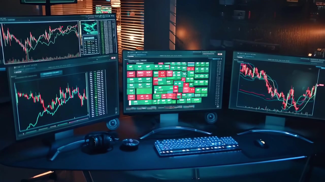 Dati finanziari del mercato azionario visualizzati su più monitor di computer