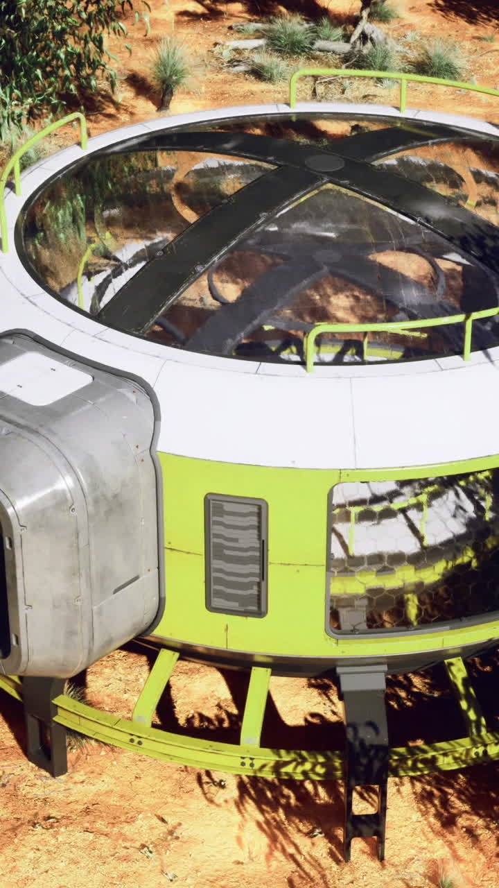 Futuristic green circular structure blends into arid desert landscape