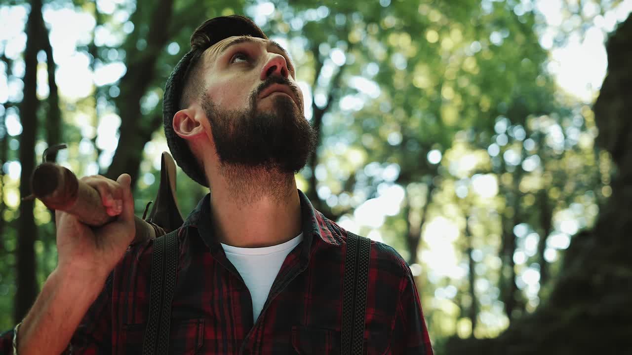 A lumberjack in the forest
