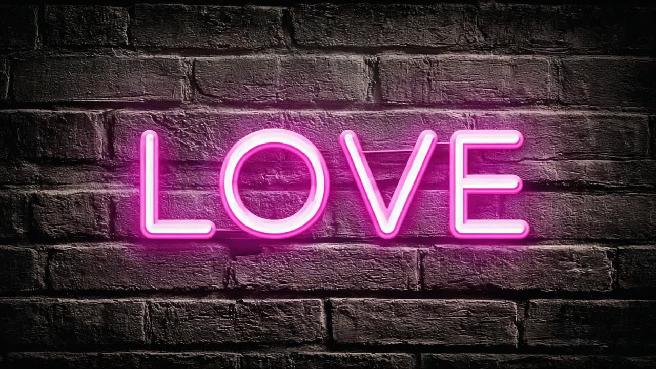 A Beautiful Transformation of the Word 'LOVE' in Neon Signage; An Artistic Display That Shifts from Vibrant Pink to a Subtle Hue Against a Textured Brick Background