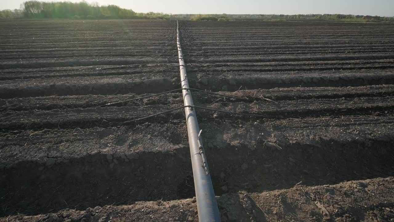 sistema de riego en tierras agrícolas. sistema de riego por goteo que ahorra agua que se utiliza en un campo.