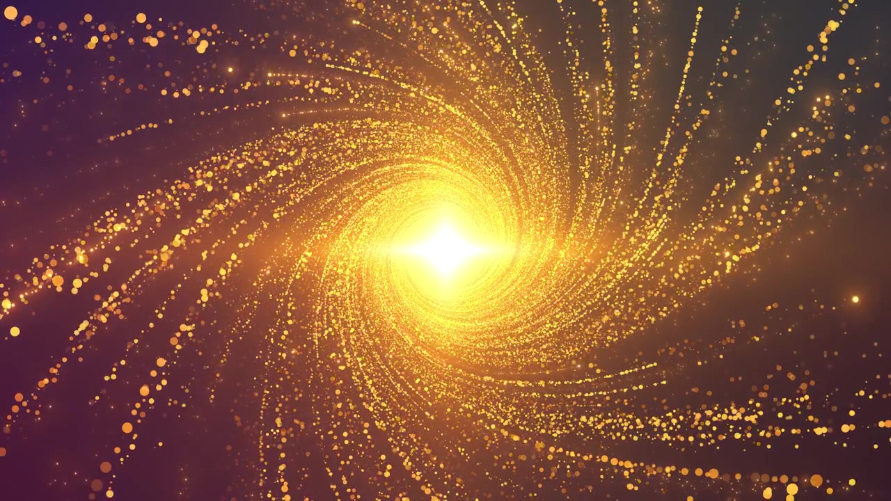 金色电影感螺旋星系，粒子漩涡，明亮中心光斑，旋转发光尘埃轨迹