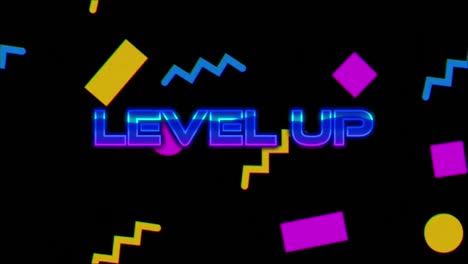 Animation-of-level-up-text-banner-over-colorful-abstract-shapes-against-black-background