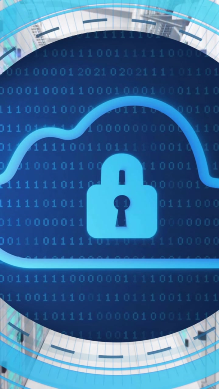 Animation of circular scanner with cloud and padlock icons and data over server room