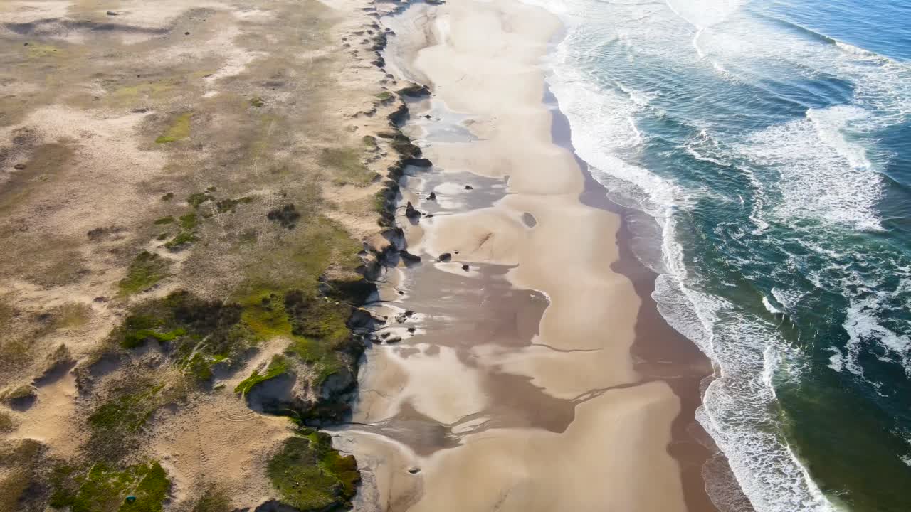 volando sobre una playa, a través de dunas y olas