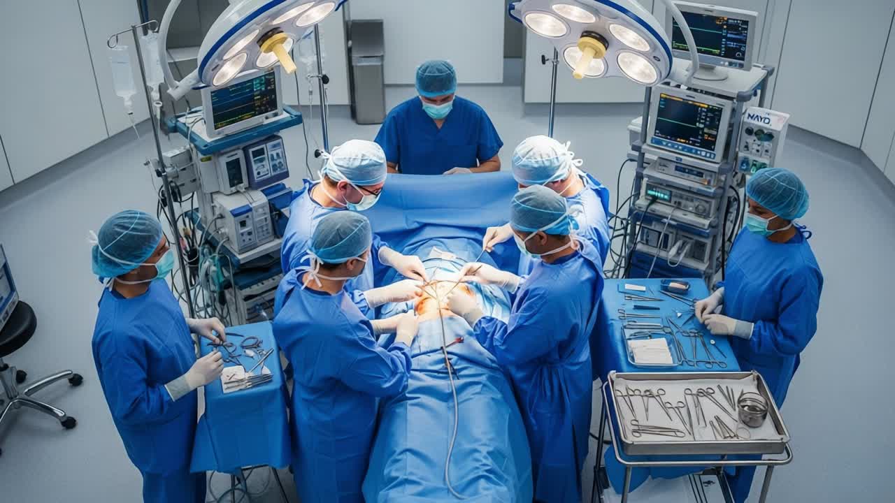 An intense and focused surgical procedure takes place in a sterile operating room, showcasing a team of skilled medical professionals in blue scrubs working diligently on a patient under bright overhead lights