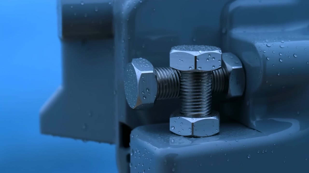 Parafuso roscado com três porcas hexagonais presas em uma carcaça de metal pintada, mostrado em close-up com luz difusa fria, sutis gotas de água, textura da superfície e contexto mecânico preciso.