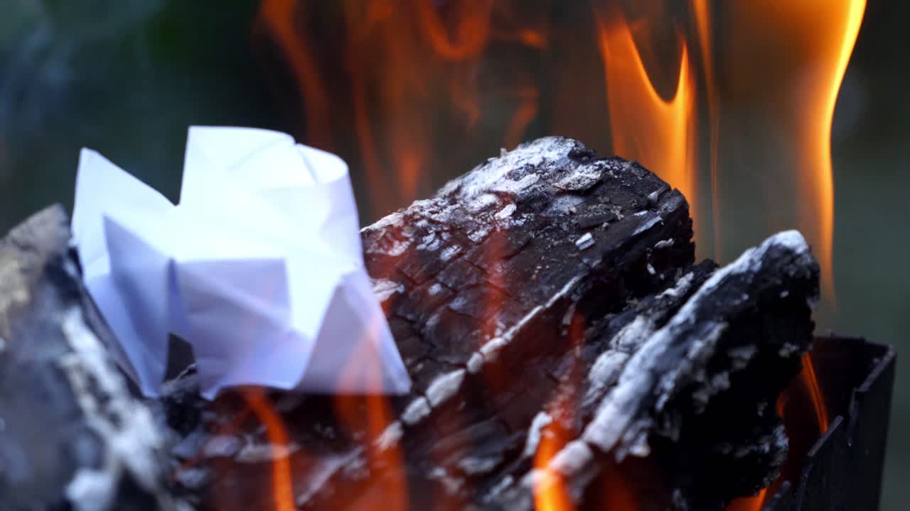 Bonfire. Burning logs in orange flames. Beautiful fire burns brightly. Embers of the fire climb up.