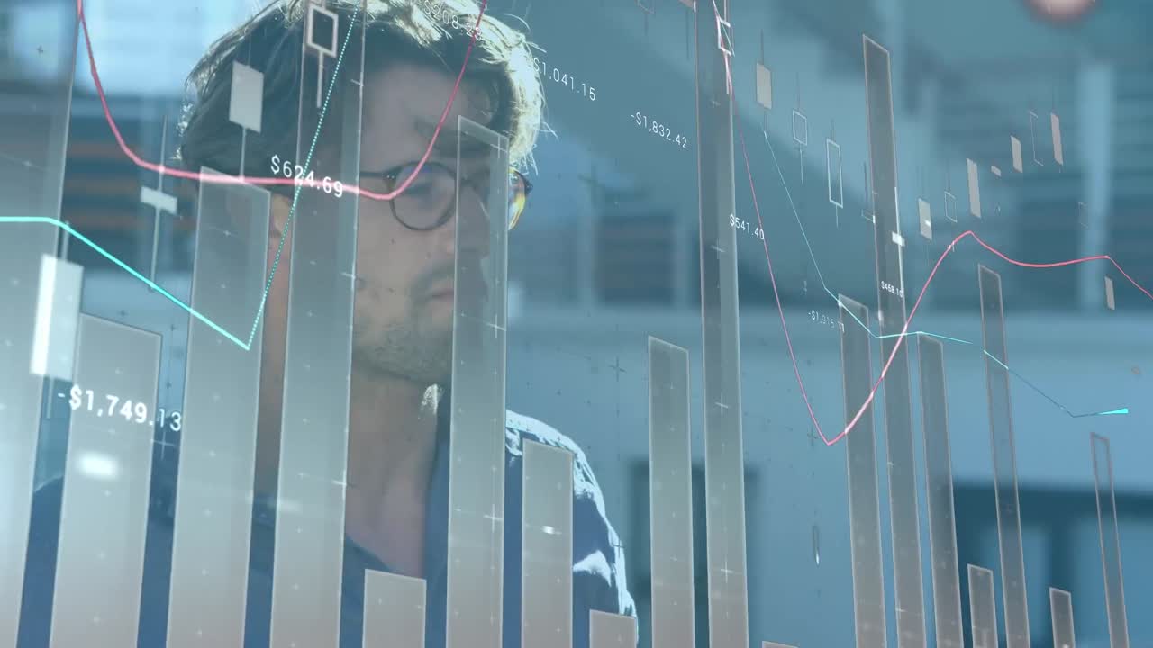 커피를 마시는 백인 남성에 대한 데이터 처리 애니메이션