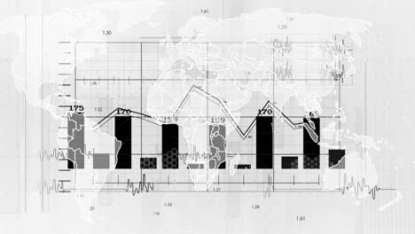 Animation of bar and line graphs displaying global financial trends on world map