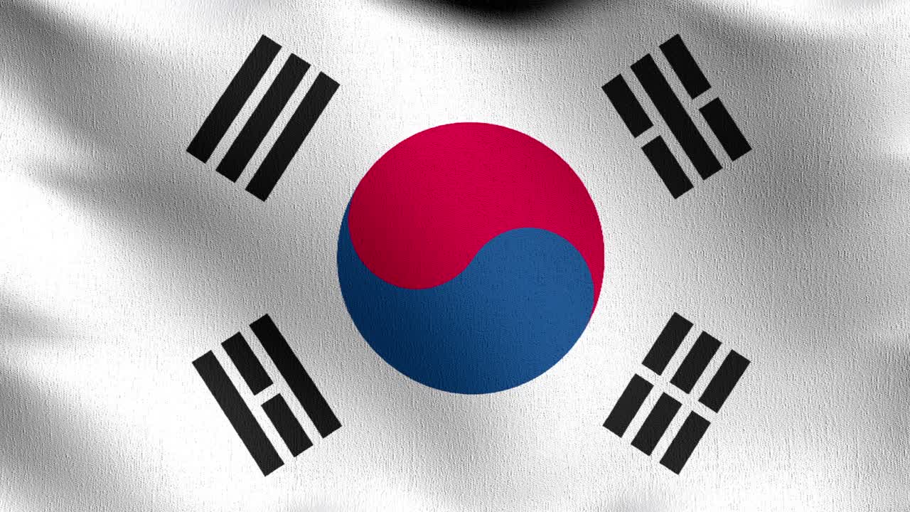 없는 루프 4k vdo: 바람에 날아다니는 한국 국기, 고립된 공식 애국 추상 디자인, 흔들리는 표지 기호의 3d 렌더링 일러스트레이션