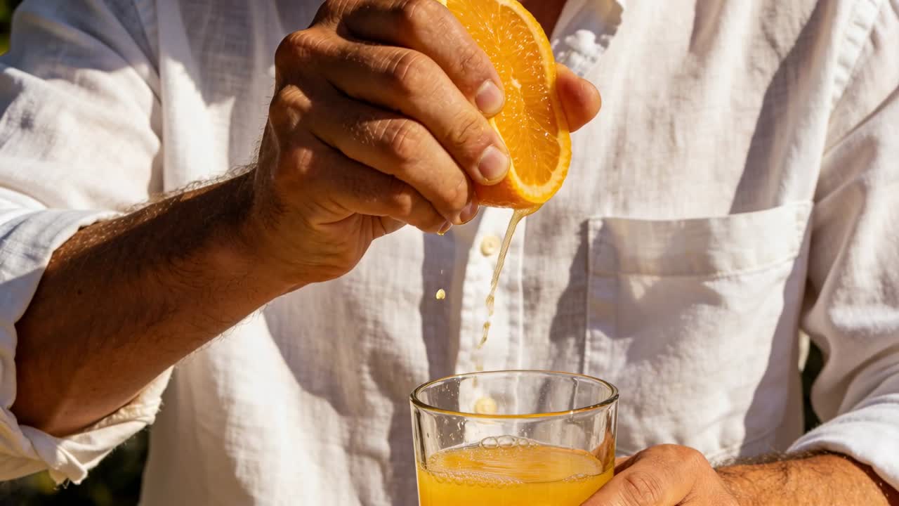 Video vertical: Hombre empezando a exprimir una naranja, liberando gotas en un vaso para preparar jugo.