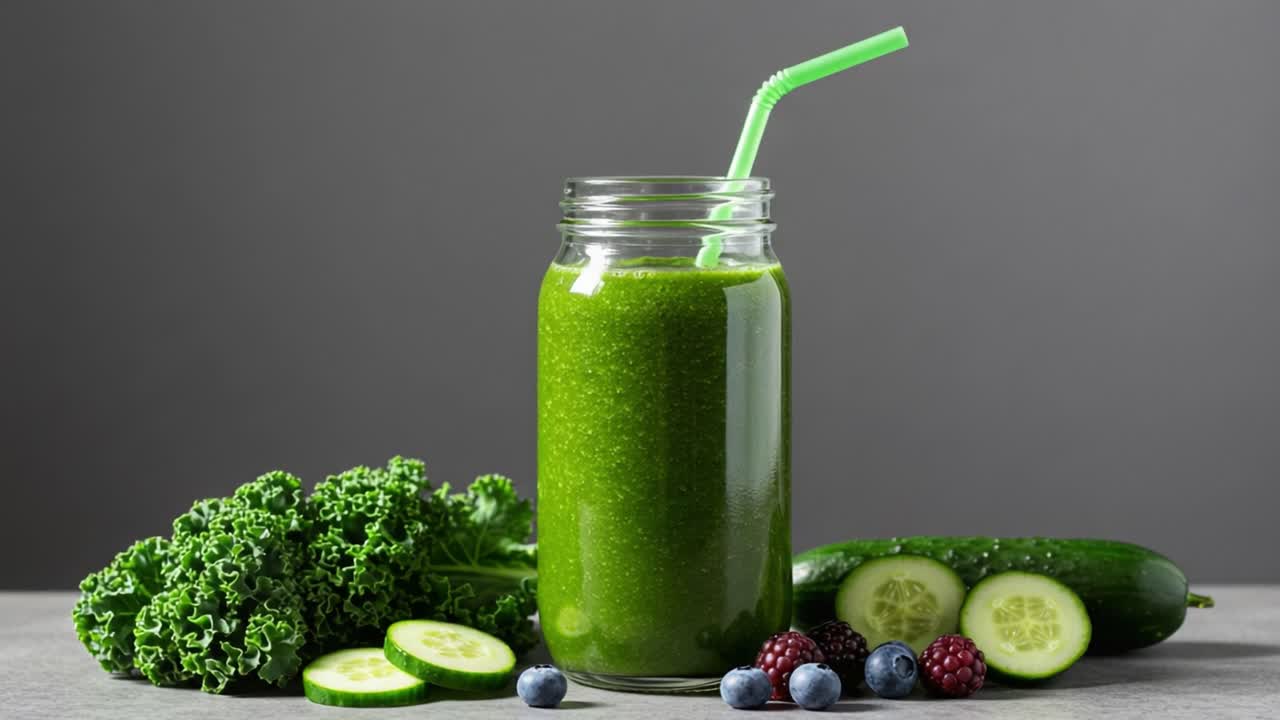 Refreshing Green Smoothie with Fresh Vegetables and Berries: A Healthy Beverage Packed with Nutrients and Vibrant Flavors for a Wholesome Lifestyle
