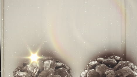 animación de senderos de luz y nieve cayendo sobre conos en navidad