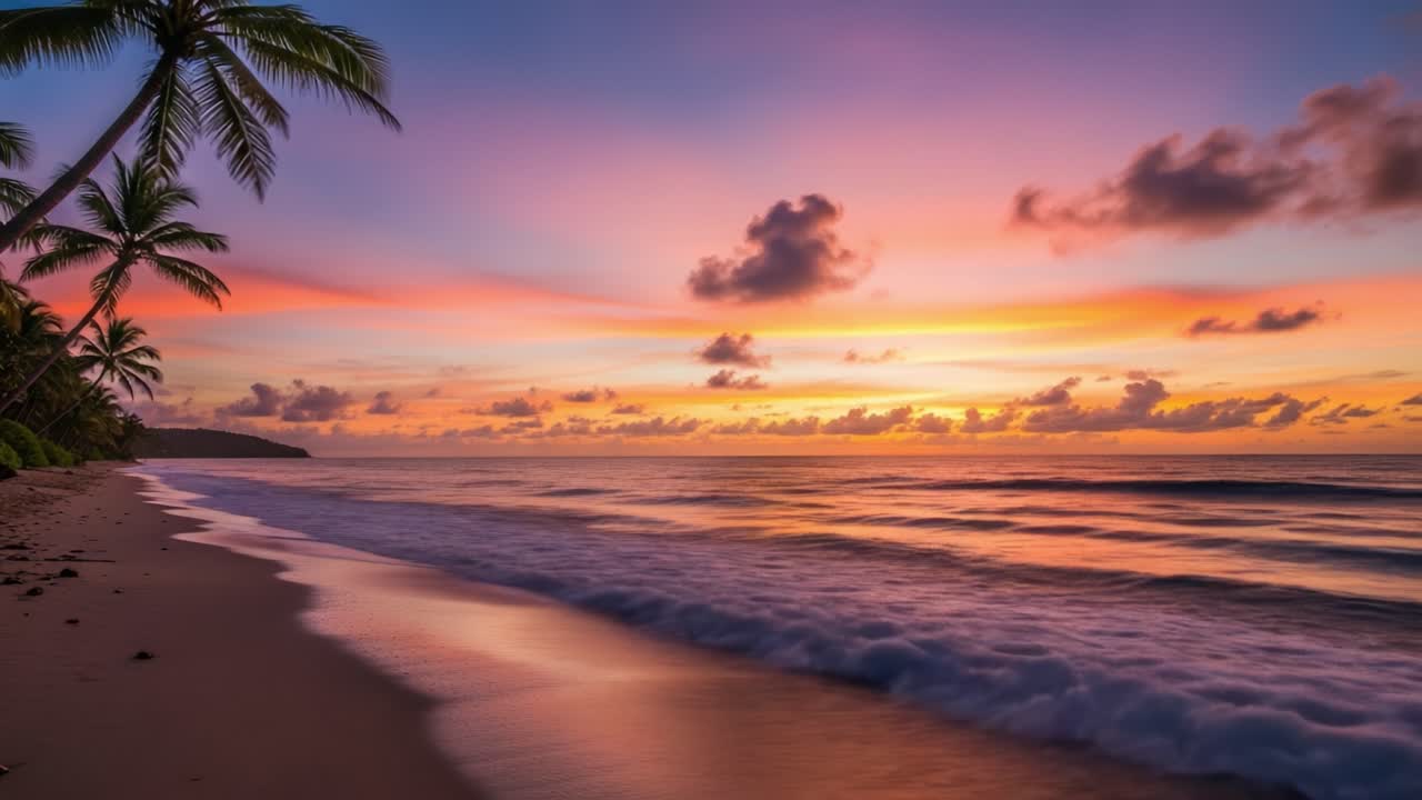 Vibrant Tropical Beach Sunset with Palm Trees and Ocean Waves