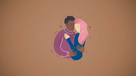 animación de la ilustración de una feliz pareja biracial abrazándose sobre un fondo marrón