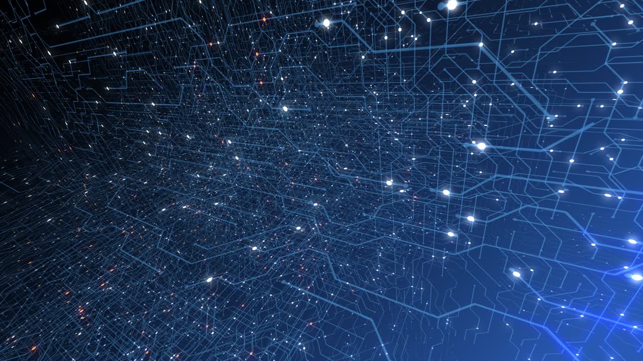 4K seamless loop of print circuit technology cyber and futuristic concept. Circuit Board with moving electrons. CPU processing Data. Futuristic HUD technology Screen Data animation.