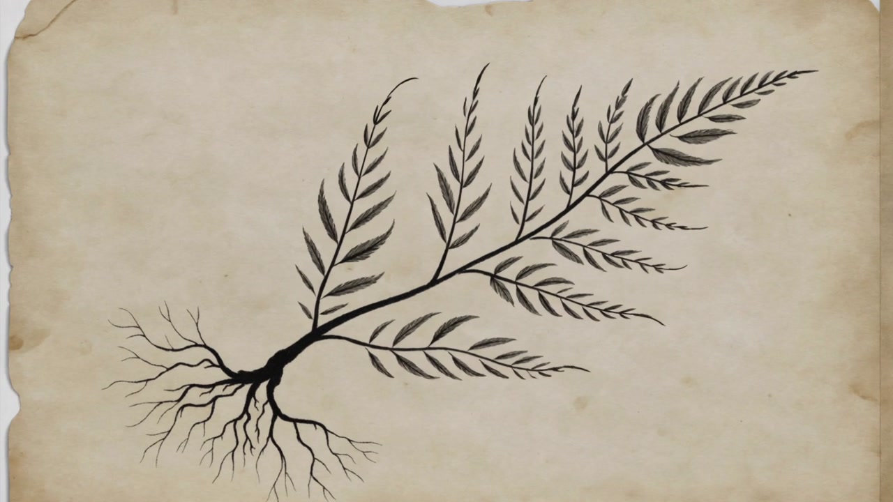 Frames advancing from left, ink plant drawing expanding right on aged parchment showing growth