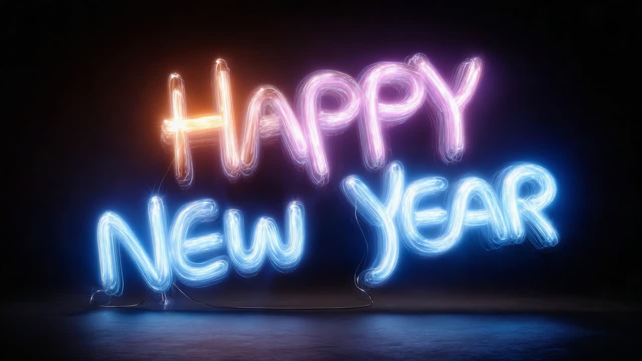 Vibrant Neon Display Celebrating the Arrival of a New Year with Colorful 'Happy New Year' Sign Illuminating the Dark Background