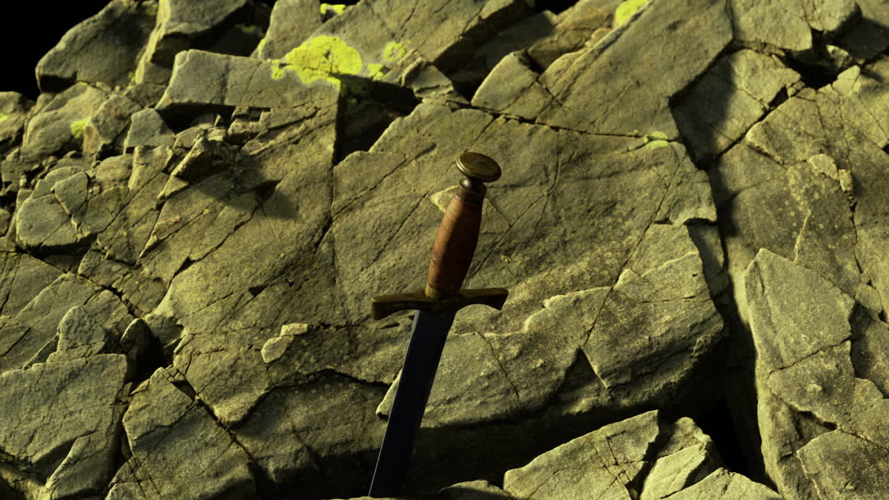 Mystery of the ancient blade resting upon weathered stones at dusk