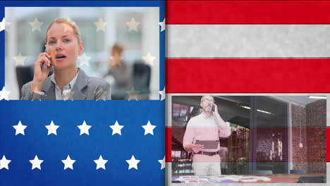 animation of flag of usa over caucasian business people in office