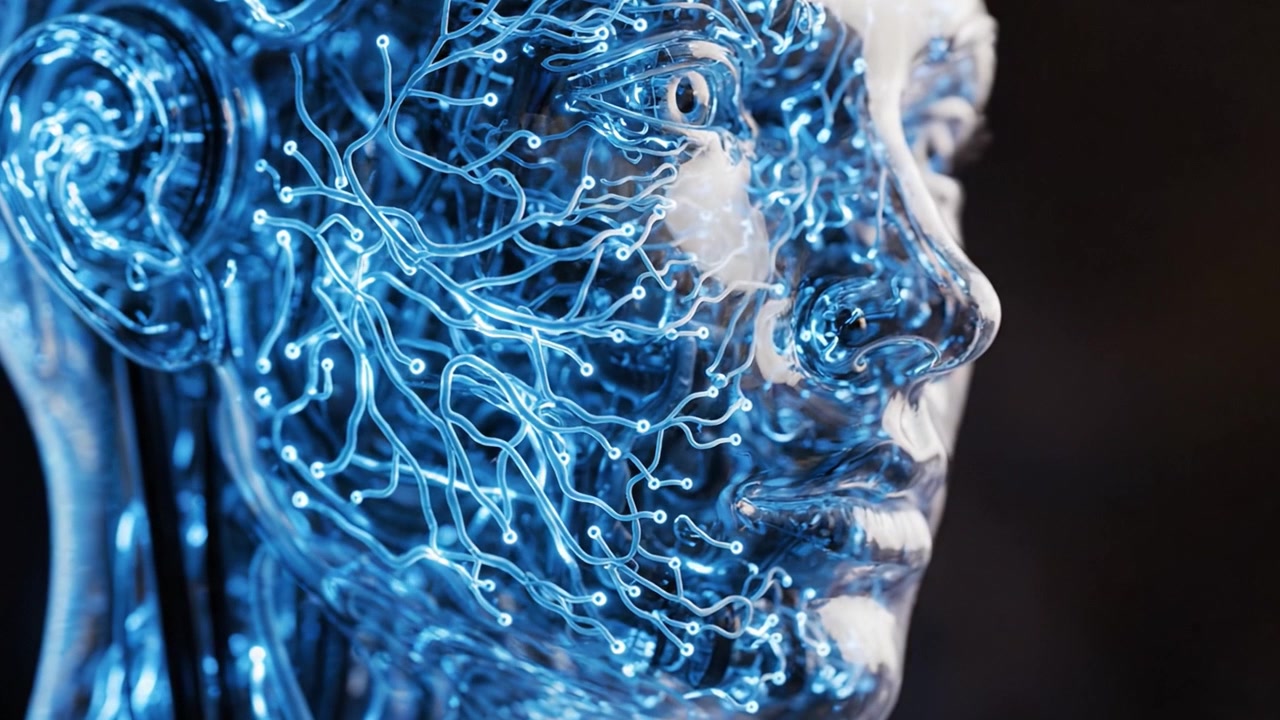 Una Rappresentazione Futuristica di un Volto Robotico Antropomorfo con Circuiti Elettrici Blu, che Mostra Connettività Avanzata e Intelligenza Artificiale