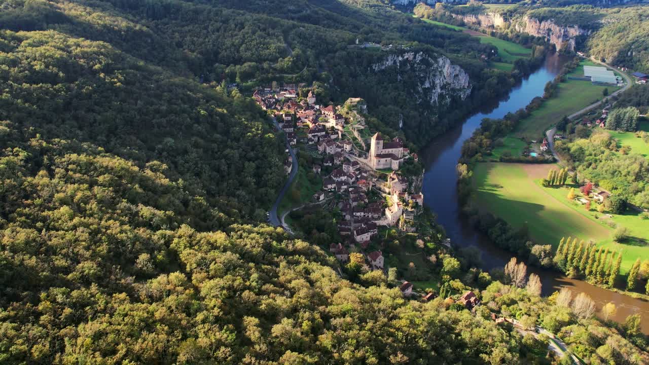 Aerial view of Saint-Cirq-Lapopie, a scenic medieval village in France