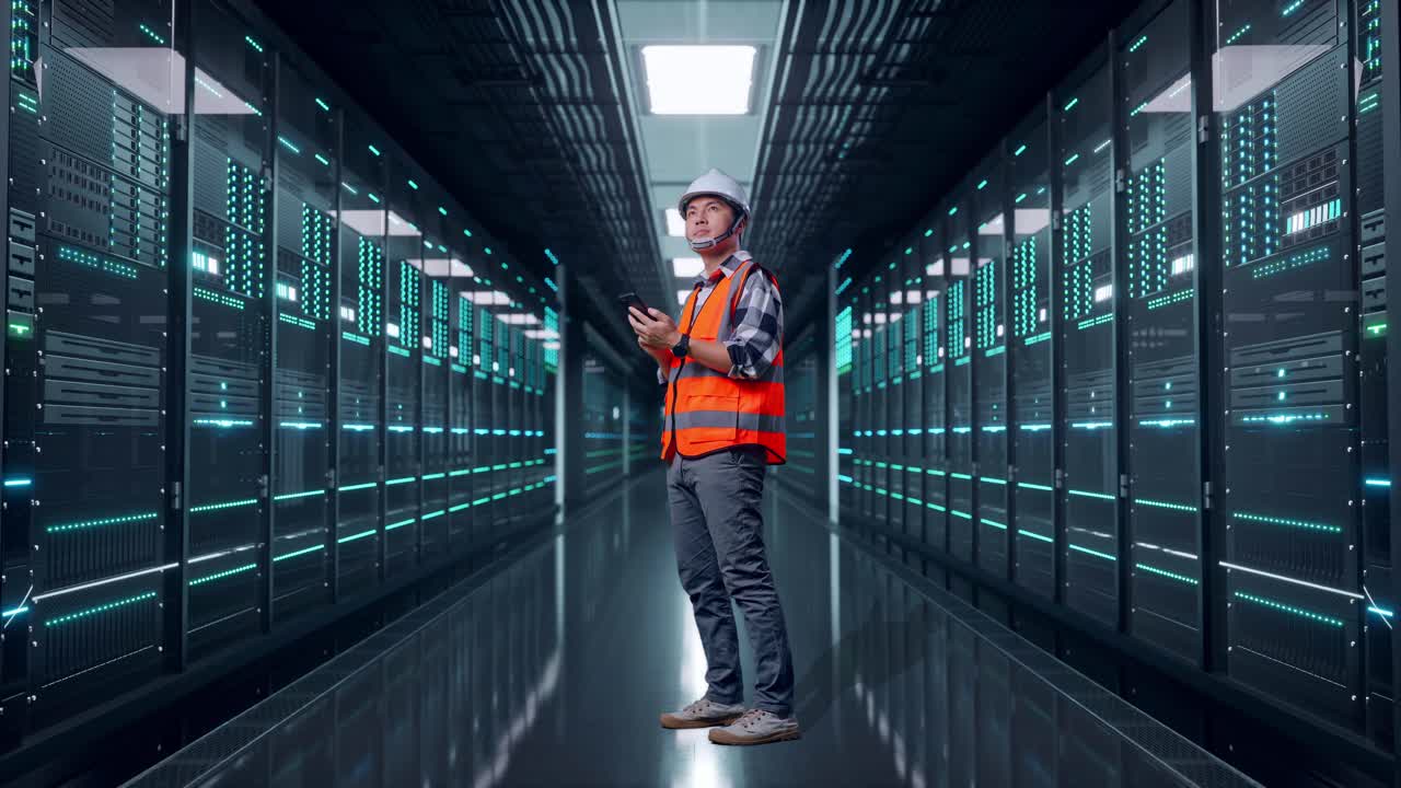 Full Body Side View Of Asian Male Engineer With Safety Helmet Using Smartphone And Looking Around While Standing in Server Room Data Center