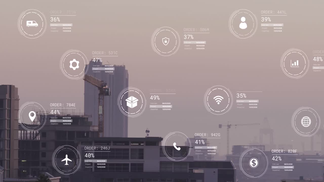 Animation of icons with data processing over cityscape