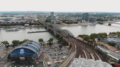 aerial footage of the hohenzollern bridge, cologne, germany