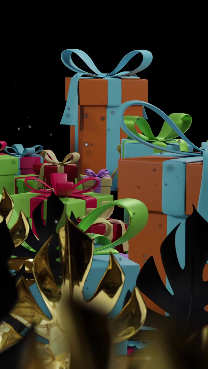 Colorful gift boxes with ribbons over golden leaves animation on black background