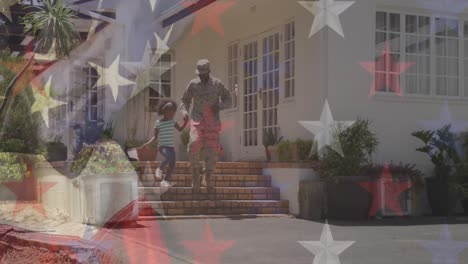 Animation-of-flag-of-usa-over-caucasian-african-american-male-soldier-with-his-daughter
